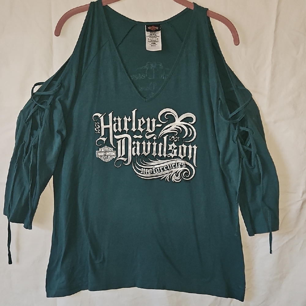 Harley-Davidson Womens XL Green Cold Shoulder 3/4 Length Sleeve